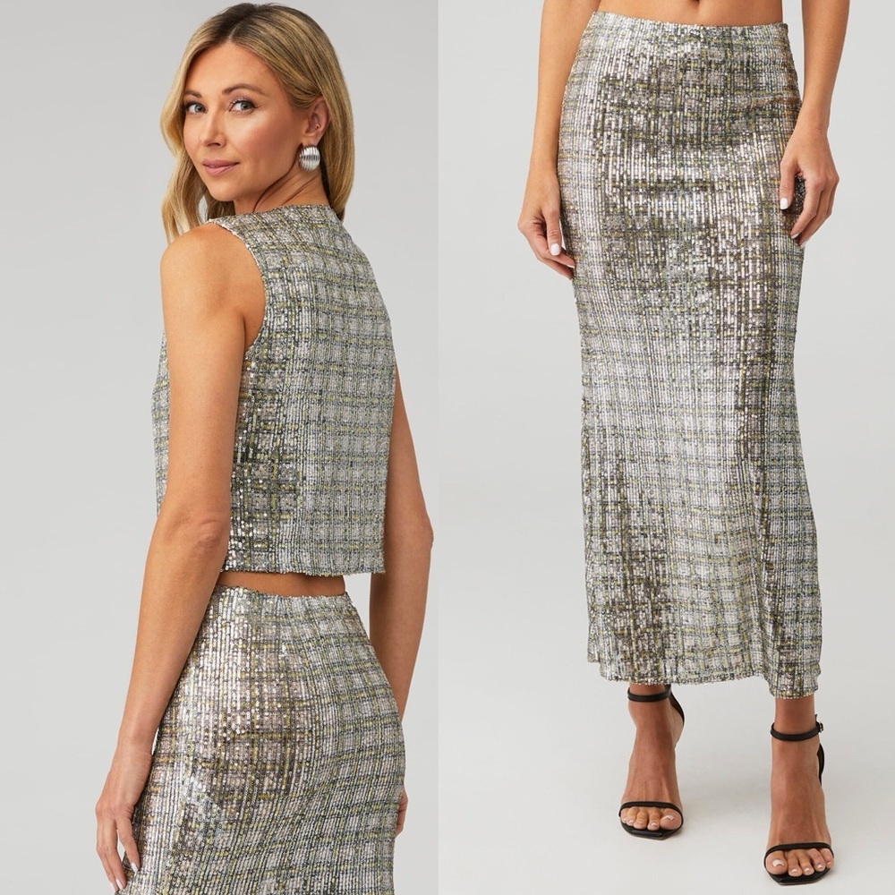 ITMFL Cortado Cher Vest and Indigo Cher Skirt Set in Beige and Silver - Picture 2 of 12